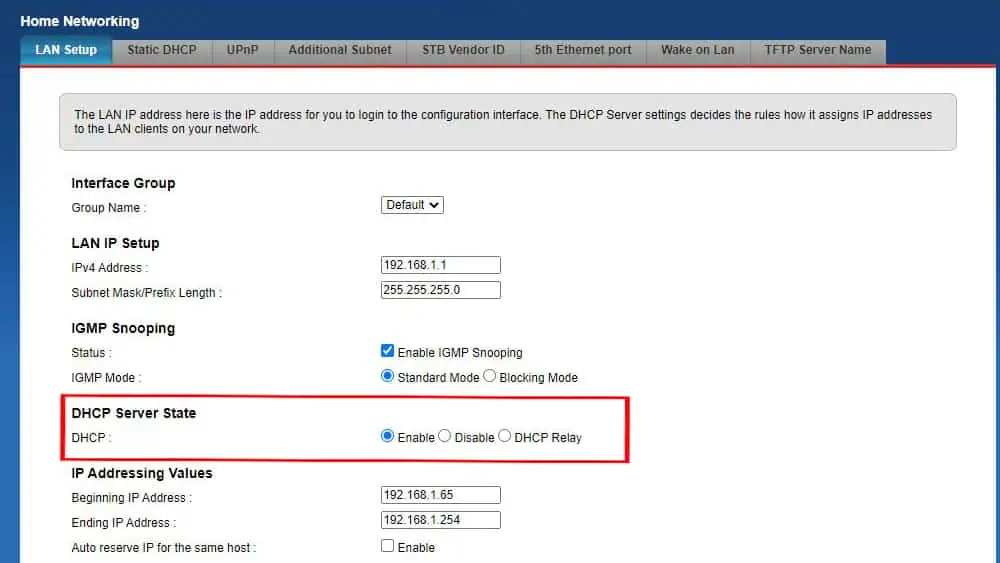 De DHCP instellingen van een router interface