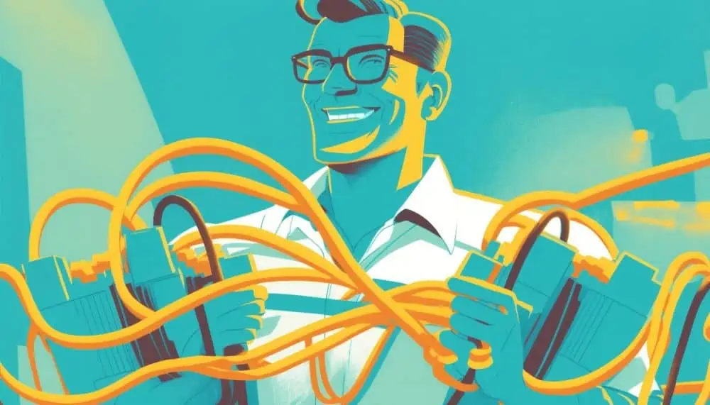Illustratie van triomfantelijke man met wat kabels in zijn hand