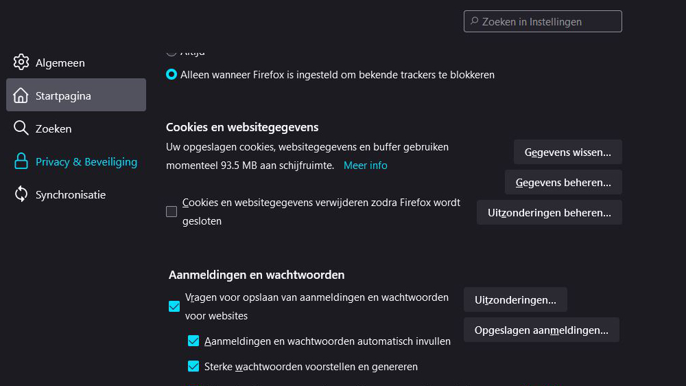 Opties voor verwijderen van cookies in Firefox