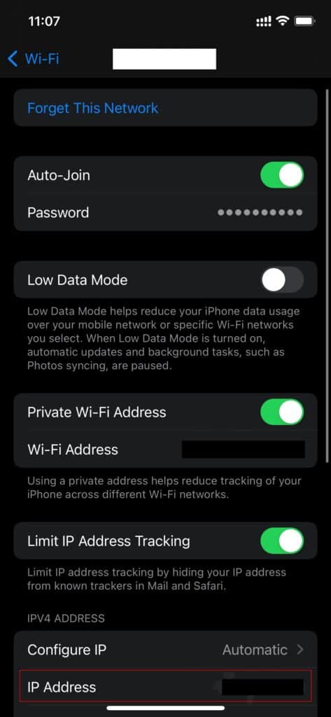 Screenshot van iPhone-menu van wifi-netwerk