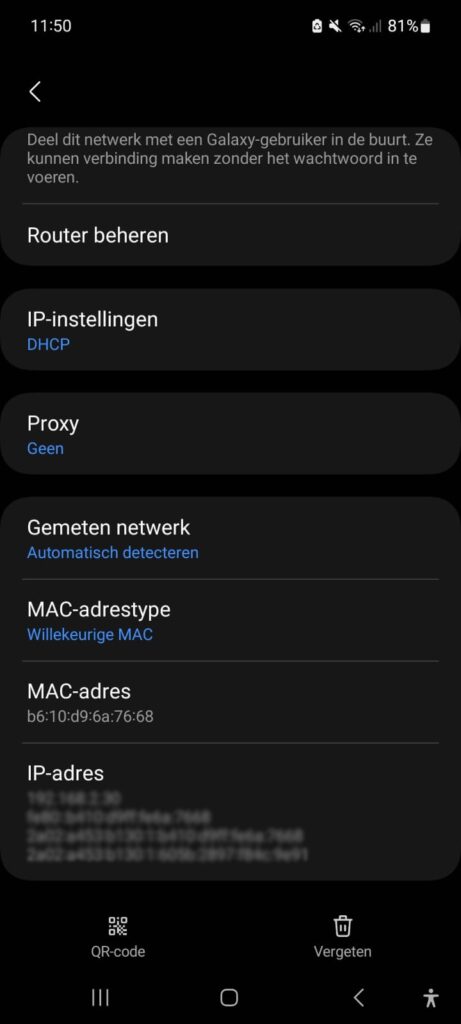 Screenshot van een netwerkmenu in Samsung-telefoon
