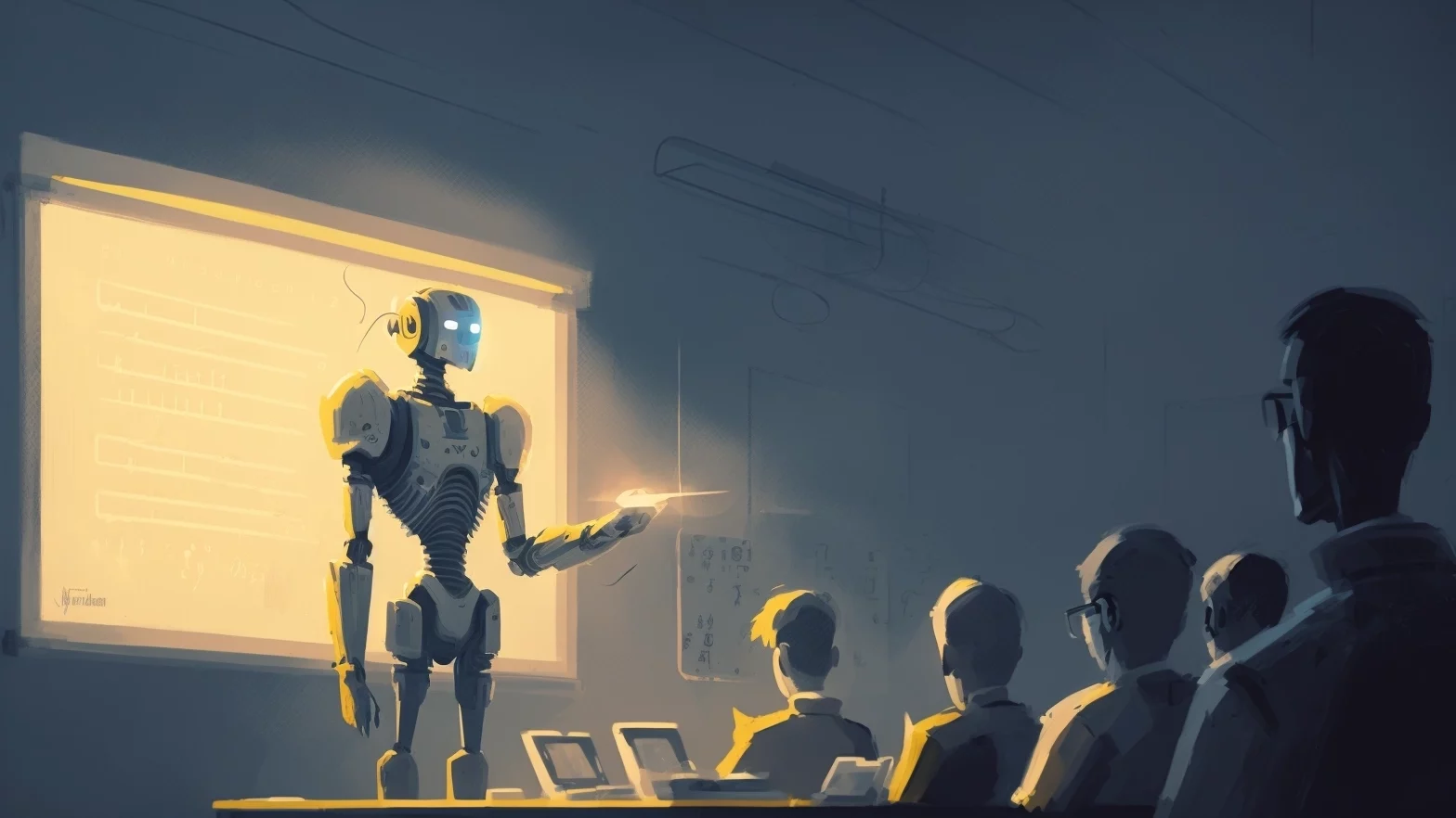Robot geeft presentatie aan studenten (illustratie)