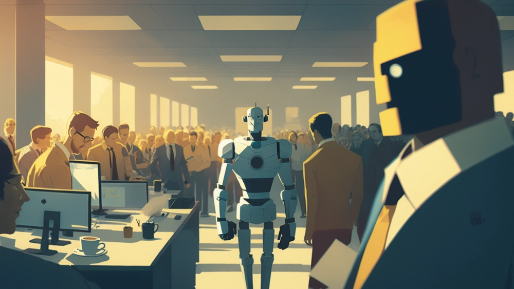 Illustratie van robot in een kantoor vol mensen