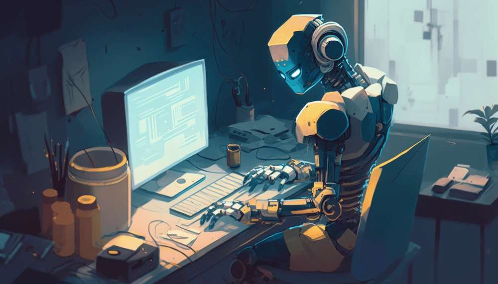 Robot zit achter bureau aan computer te werken (illustratie)