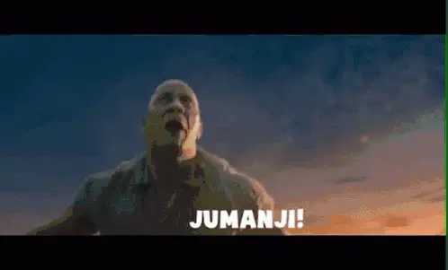 Scène uit de film Jumanji waar het karakter van Dwayne Johnson de einde van het level heeft bereikt en "Jumanji" roept.