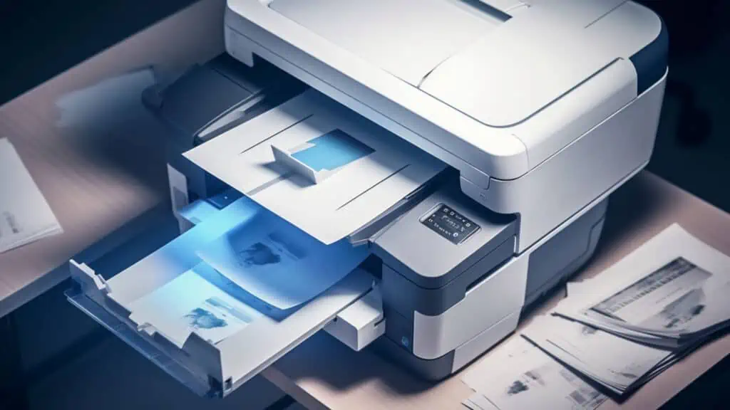 Een printer met ADF die een groot document aan het kopiëren is.