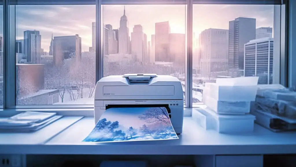 Een printer die een afbeelding van een sneeuwrijke omgeving afdrukt in een kantoor tijdens winter.