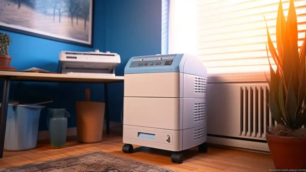 Een elektrische kachel in de buurt van een printer, zodat de ruimte op de juiste temperatuur blijft.