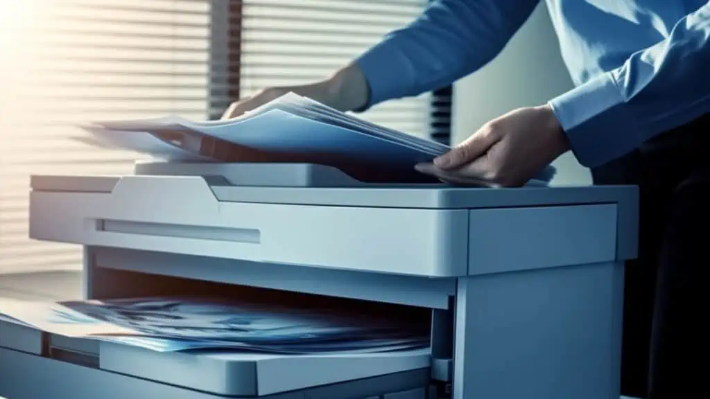 Een persoon die op kantoor een groot document in de invoer van een printer met ADF legt om te kopiëren.