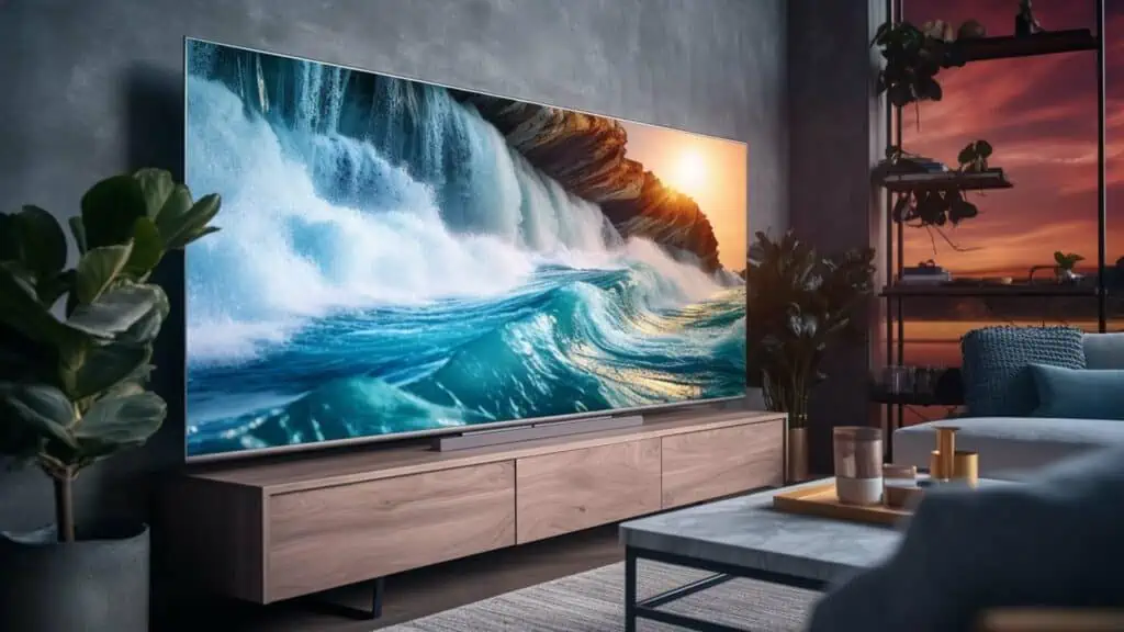 Een oled-tv in een woonkamer die beelden van een rotsachtige branding weergeeft.