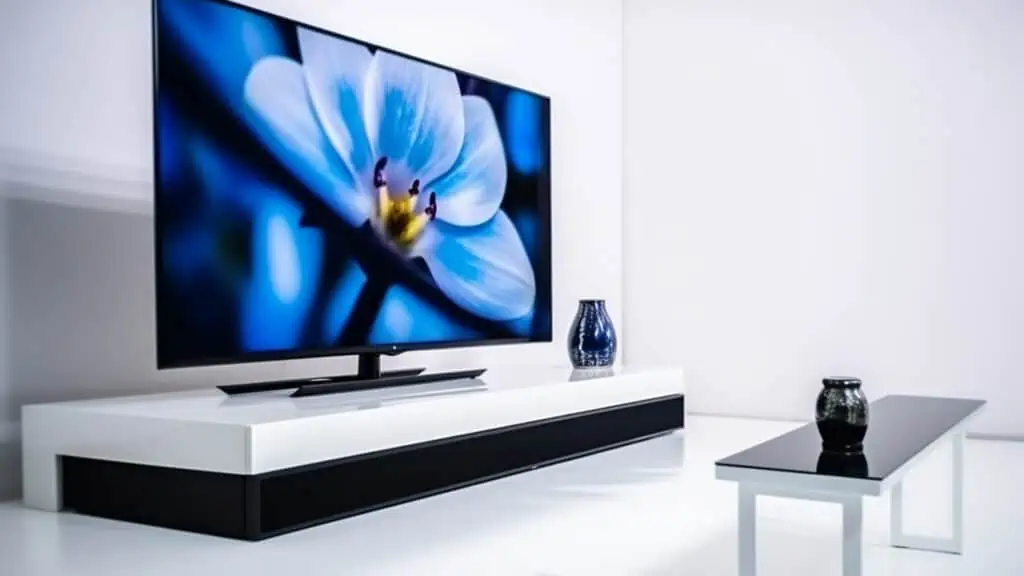 Een oled-tv met een blauwe bloem in beeld in een witte kamer. Er staat een blauwe vaas op het tv-meubel en een zwarte vaas op een zwarte salontafel.