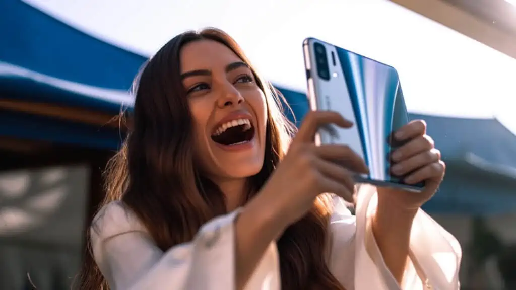 Een vrolijke vrouw die buiten een foto maakt met een Samsung Galaxy Fold.