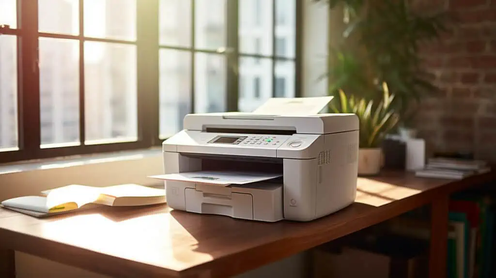 Witte printer op een houten bureau naast een raam dat veel licht doorlaat