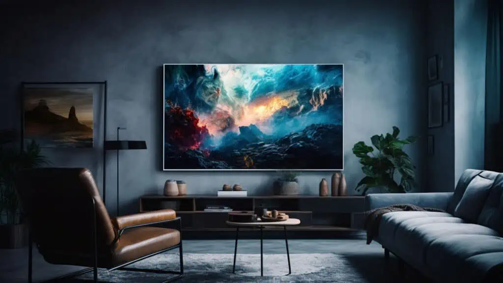 Een woonkamer waarin een oled-tv kleurrijke beelden uitzendt.