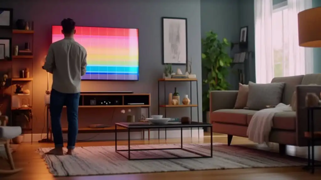 Een persoon die in zijn woonkamer staat, terwijl een oled-tv testbeeld weergeeft zodat die juist gekalibreerd kan worden.