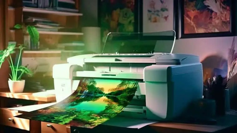 een printer drukt een kleurrijke afbeelding uit