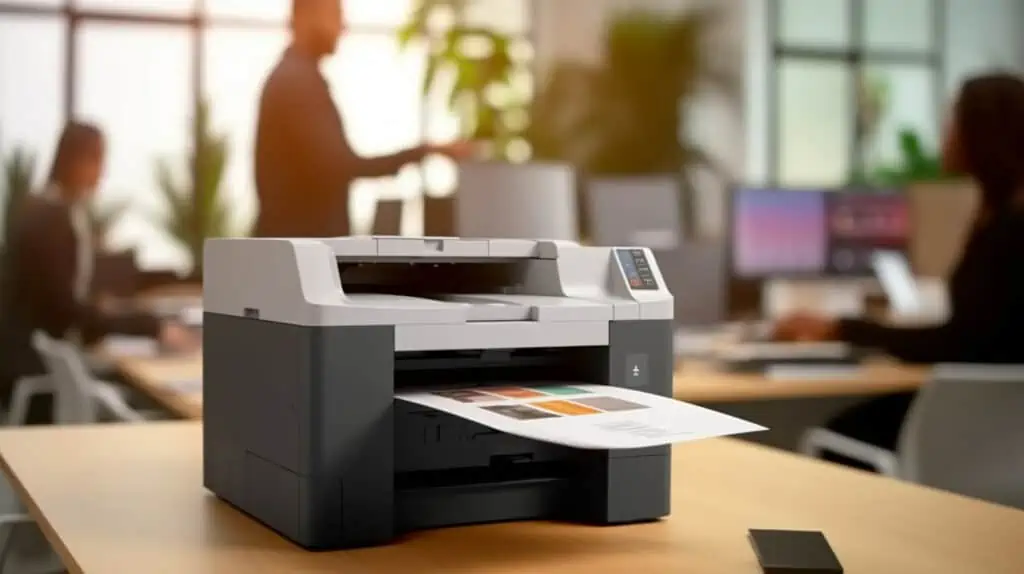 Printerr op de voorgrond die een document aan het printen is, op de achtergrond een druk kantoor.