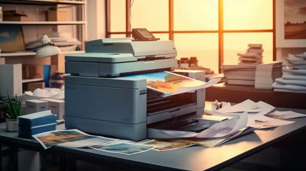 Printer die teveel printopdrachten tegelijk heeft moeten printen, stapels papier op een bureau.