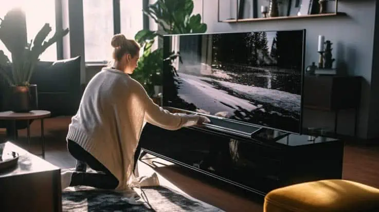 Vrouw reinigt een oled-scherm in haar woonkamer