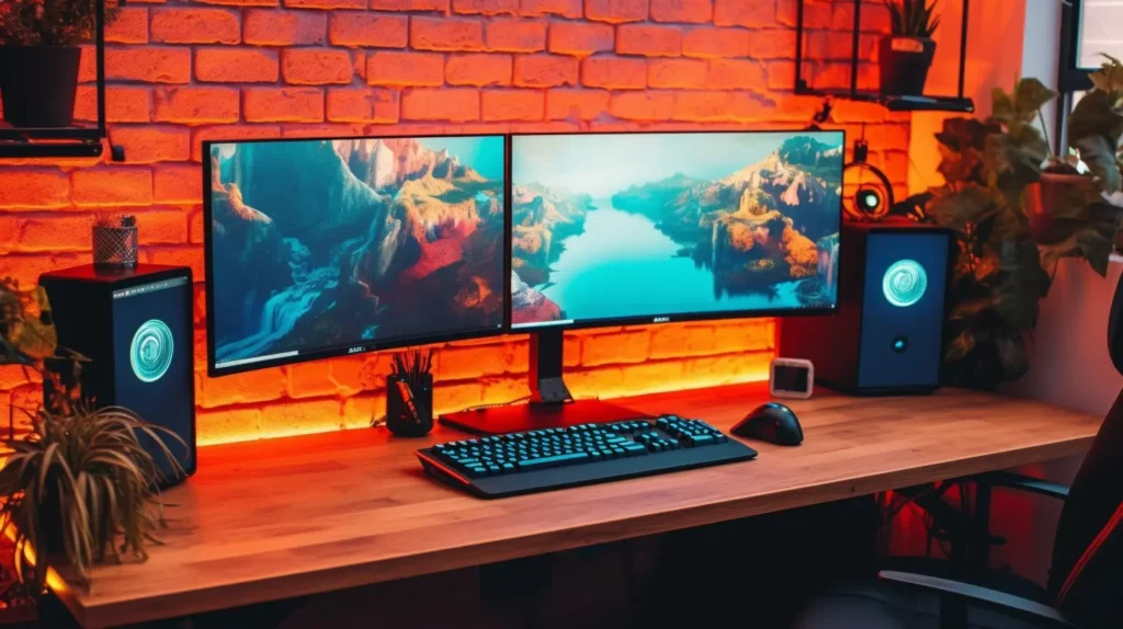 Plaatje van een gaming setup met een dubbele monitor, geluidsboxen, een toetsenbord en een muis. Roodverlichte bakstenen muur op de achtergrond.