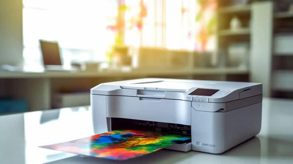 een inkjetprinter print een kleurrijk document en staat op een tafel