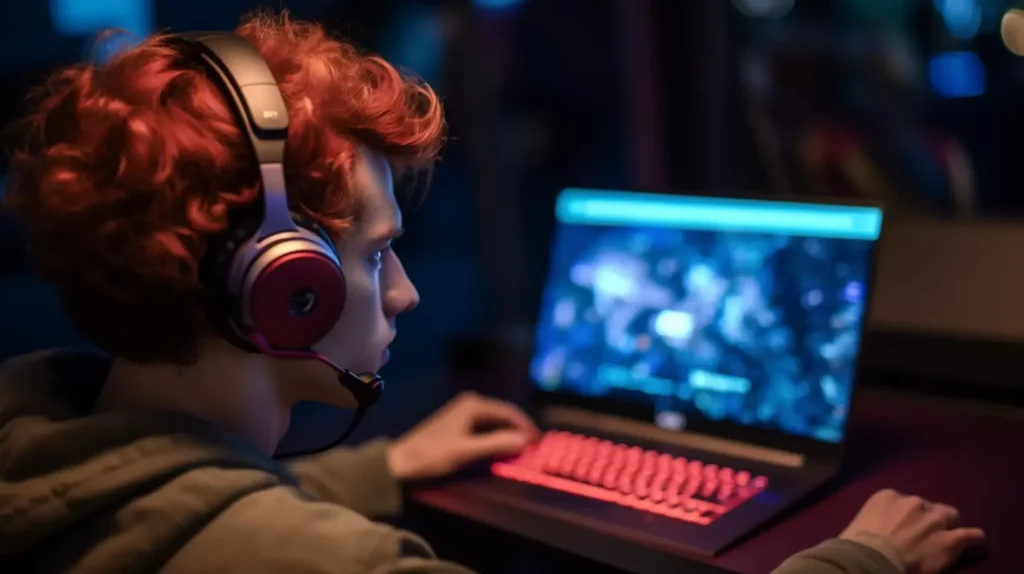 Man met rood haar met een headset op die op een laptop aan het gamen is.