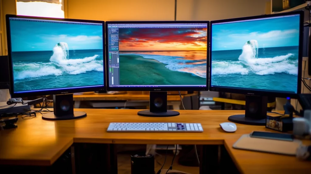 werkplek met drie monitoren naast elkaar 