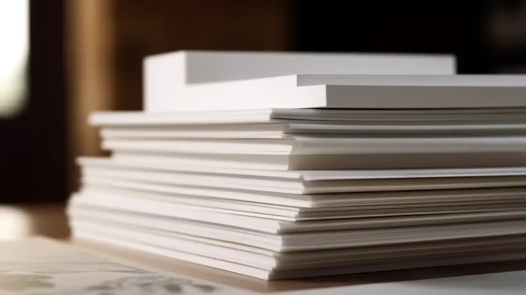 Stapel van printpapier in verschillende soorten, maten en structuren, op een tafel.