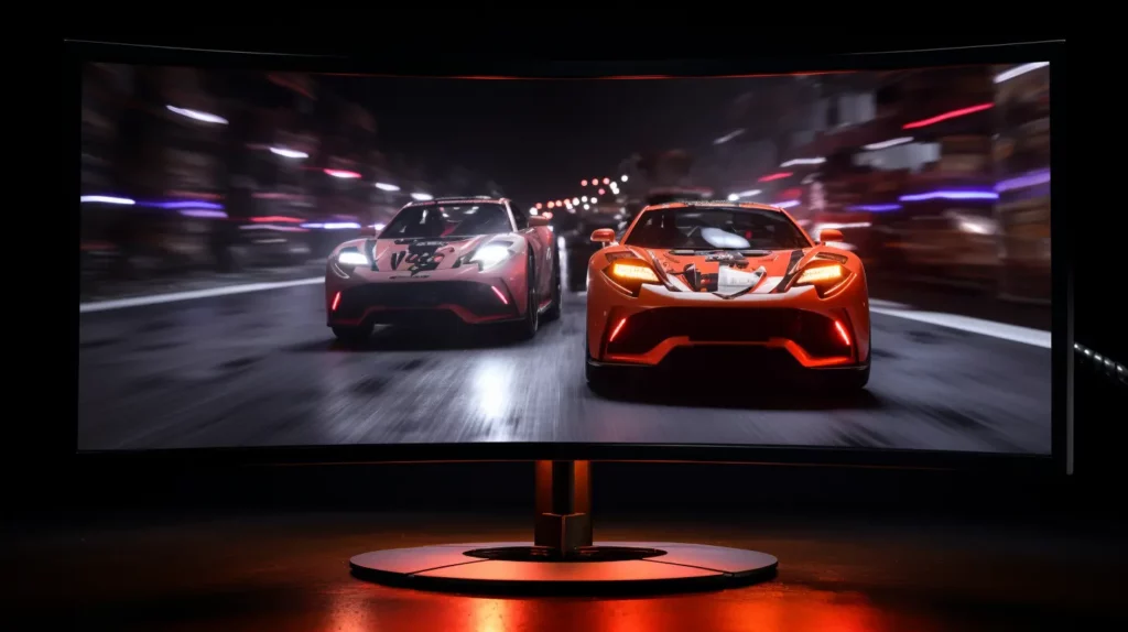 Productfoto van een monitor die een racing game draait op hoge resolutie, zwarte achtergrond.