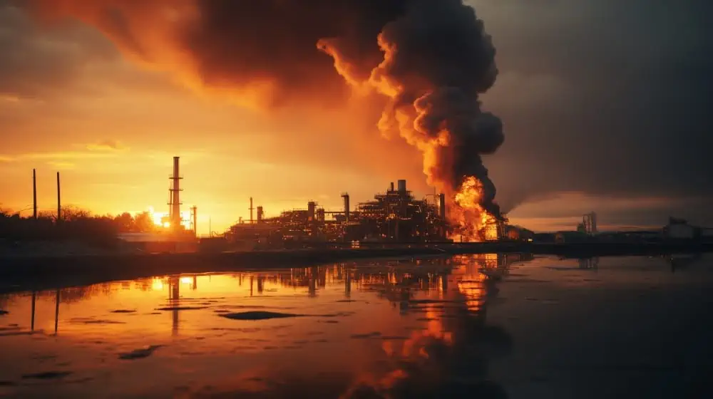 Een fabriek die deels in brand staat tijdens de zonsondergang aan een rivier