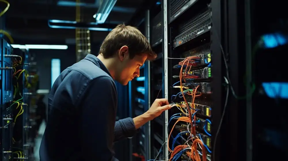 Man controleert kabels van een server