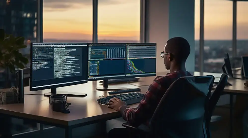 Man in geruit hemd zit achter net bureau met drie schermen erop te programmeren