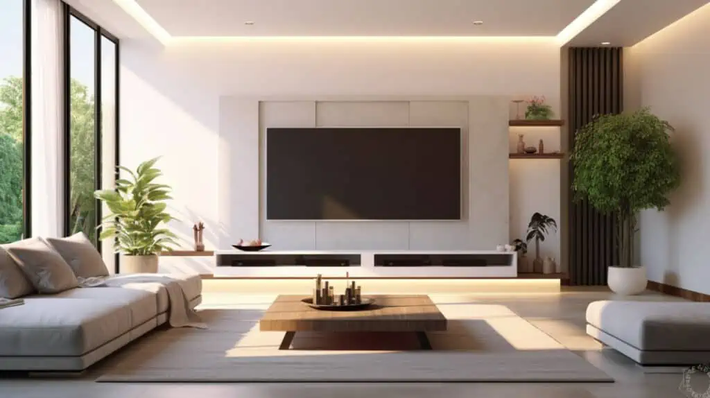Een digitale tv in een moderne woonkamer.