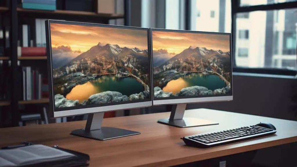 Een bureau met twee beeldschermen die hetzelfde weergeven.