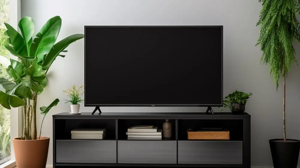 Een grote tv die uitstaat op een zwart tv-meubel met wat planten ernaast