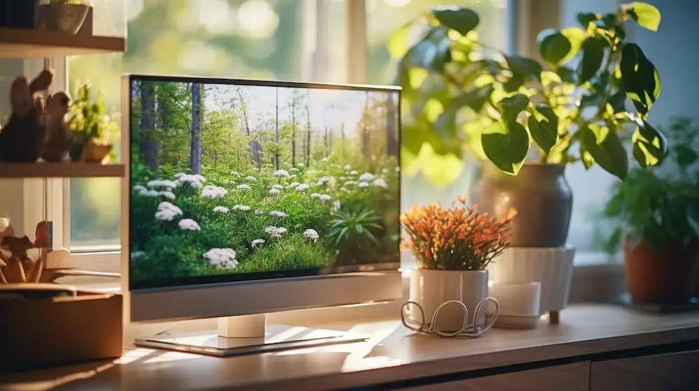 Een monitor op een tv-meubel met wat planten ernaast voor een raam