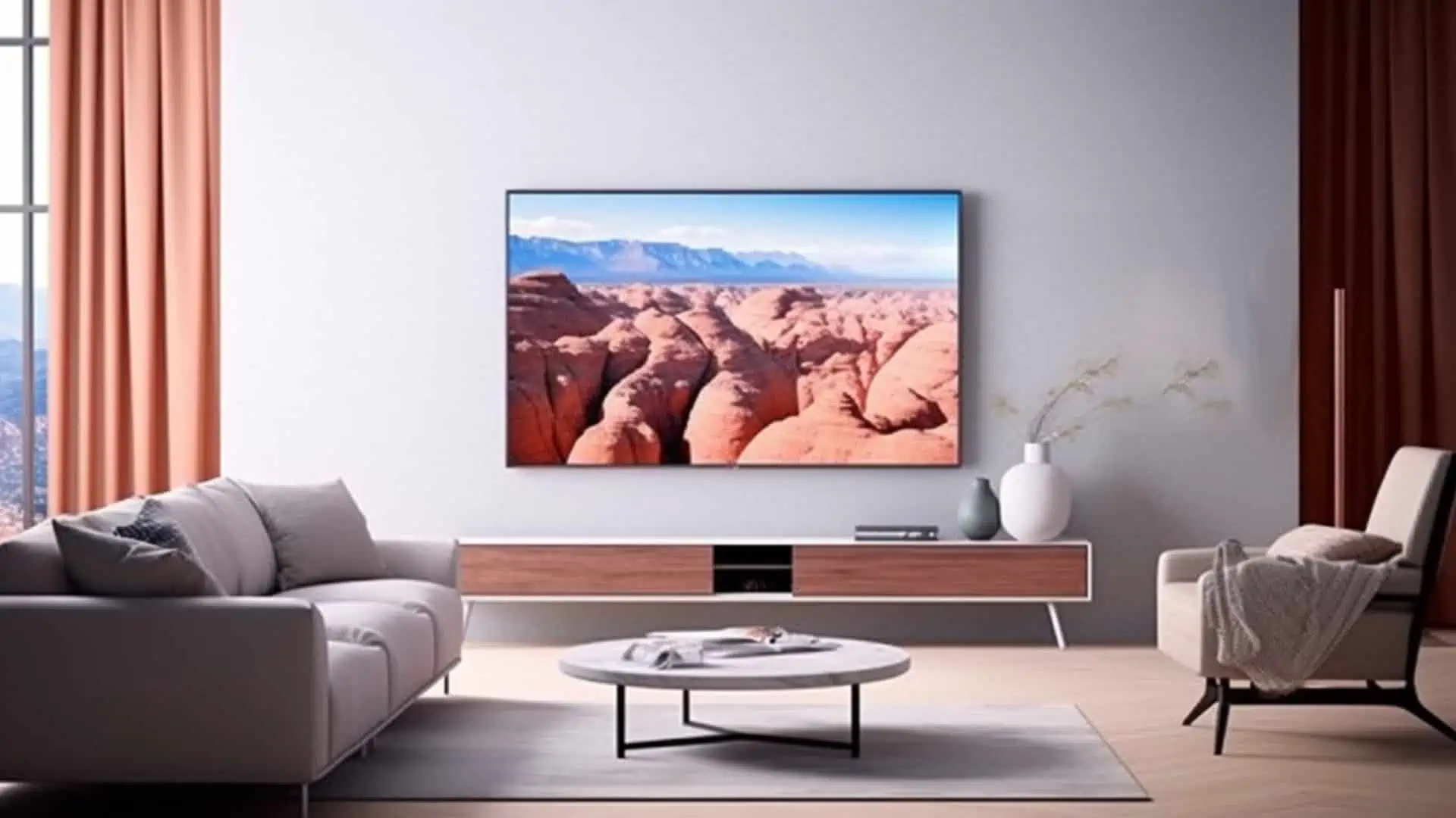 Een oled-tv in een woonkamer die op het scherm een vallei toont