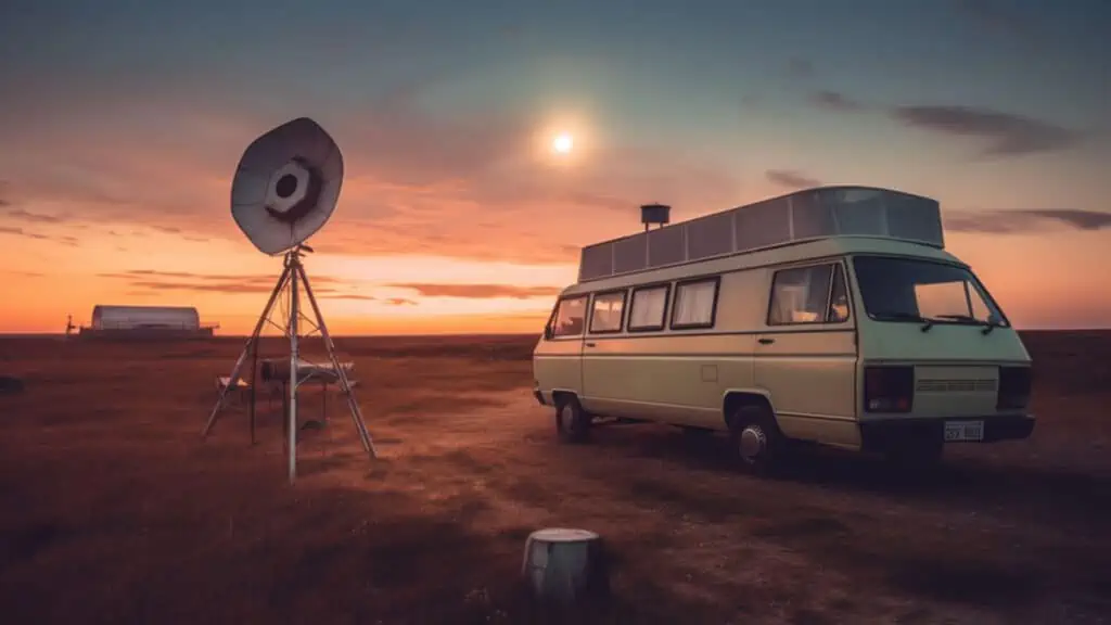 Een losstaande satellietschotel bij een camper in de woestijn bij zonsondergang