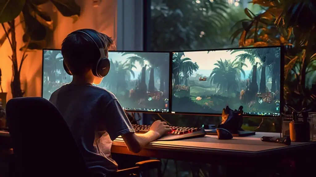 Een jongen die aan het gamen is met twee schermen.