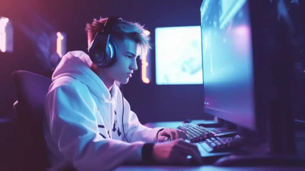 Een tienerjongen die geconcentreerd een video game aan het spelen is.