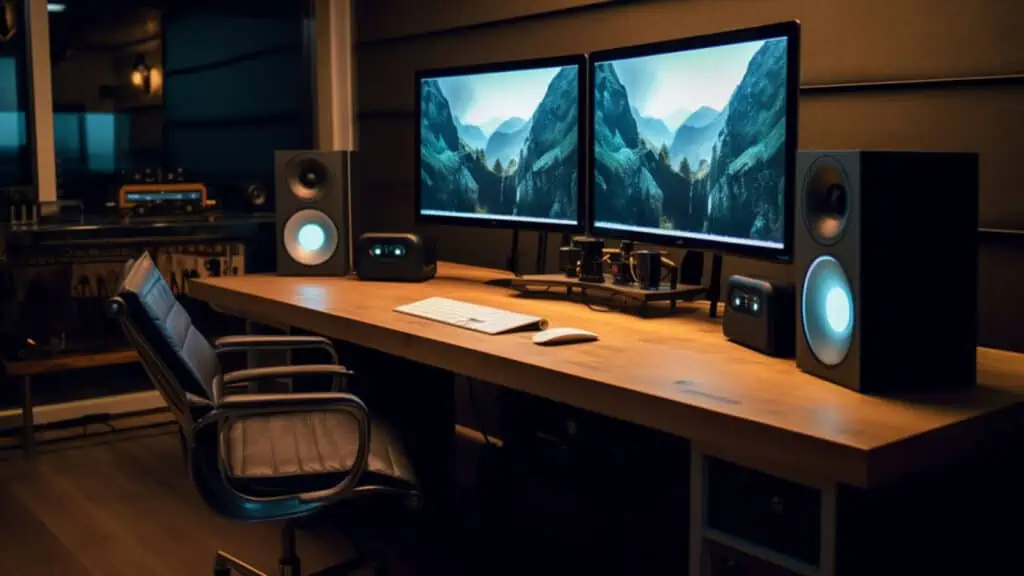 Een set-up met twee schermen in een thuisstudio.