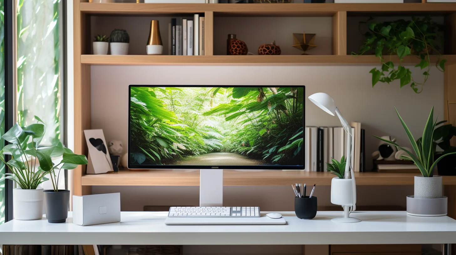Een monitor op een bureau met natuur op het beeldscherm