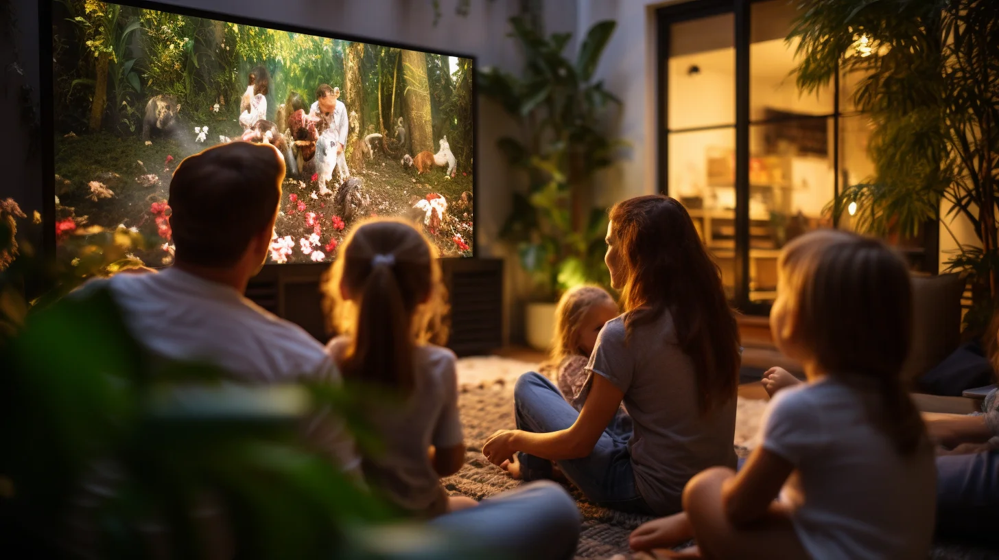 Een gezin kijkt samen naar een grote tv