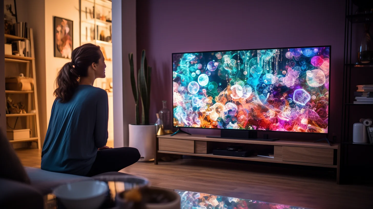 vrouw zit voor een kleurrijke tv