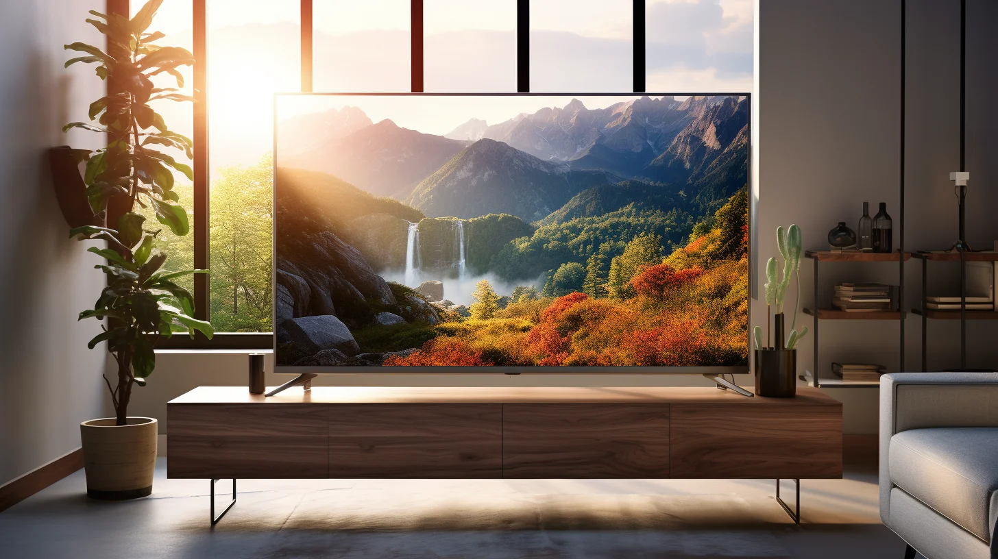 een grote tv op een tv-meubel