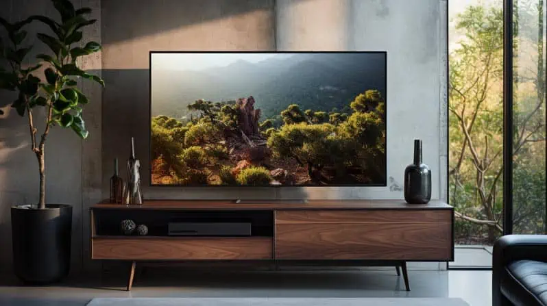 Een middelgrote tv in een moderne woonkamer
