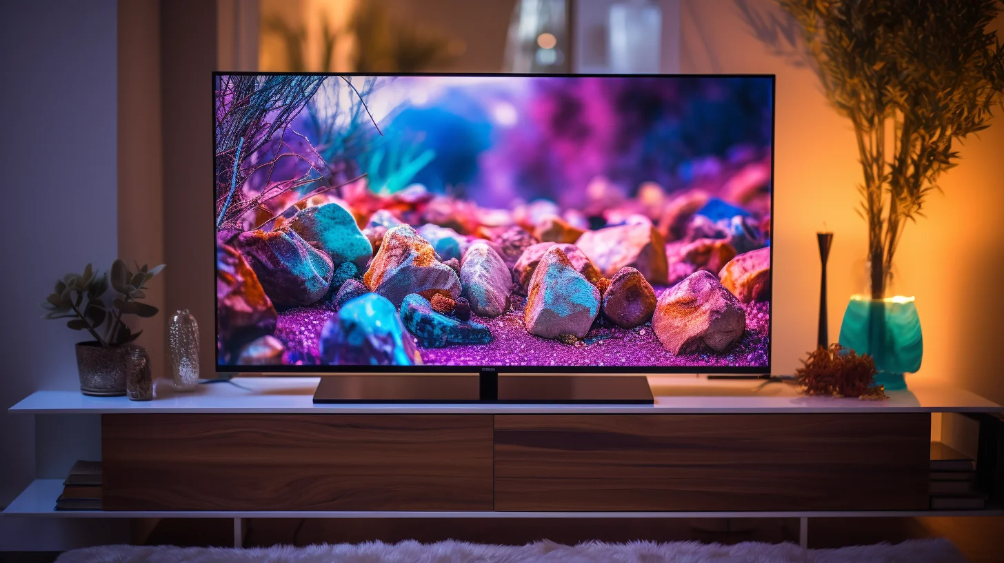 Tv die een beeld met kleurrijke stenen laat zien