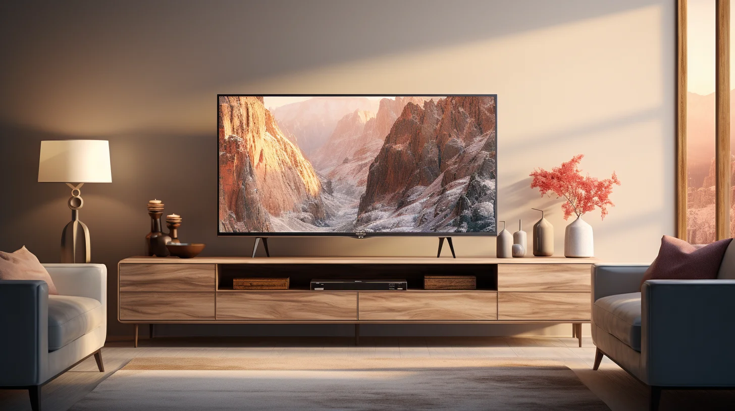 Een grote tv op een houten meubel tegen een grijs-beige muur aan