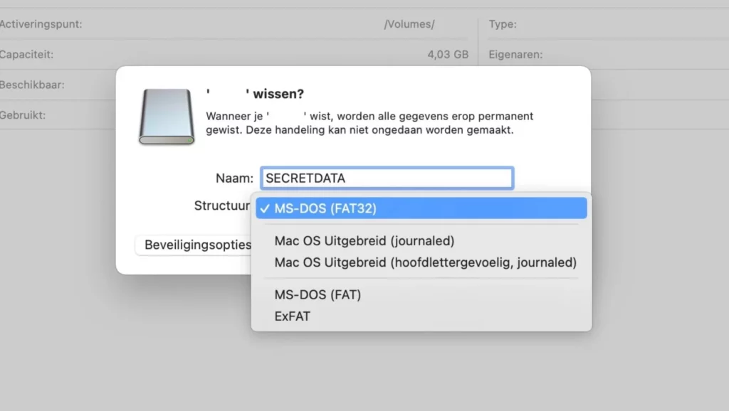 Screenshot van een Macbook-scherm met een formatteringsdialoogvenster. Binnen het dialoogvenster is het 'Structuur'-menu uitgeklapt, waarbij de gebruiker een keuze maakt