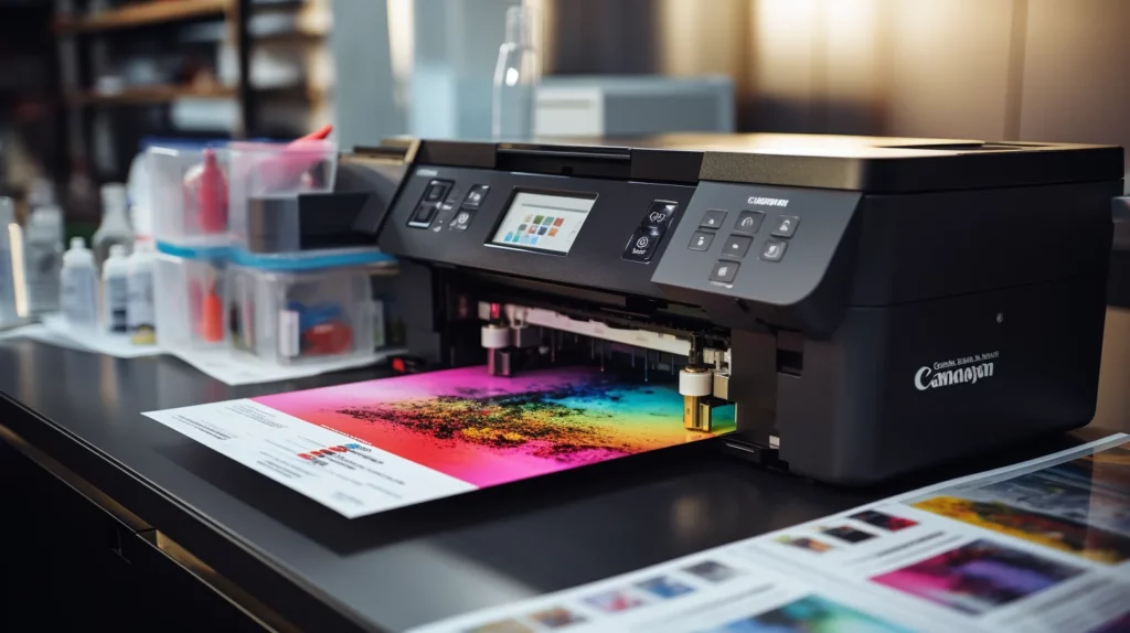 Een printer die een kleurrijke pagina uitprint